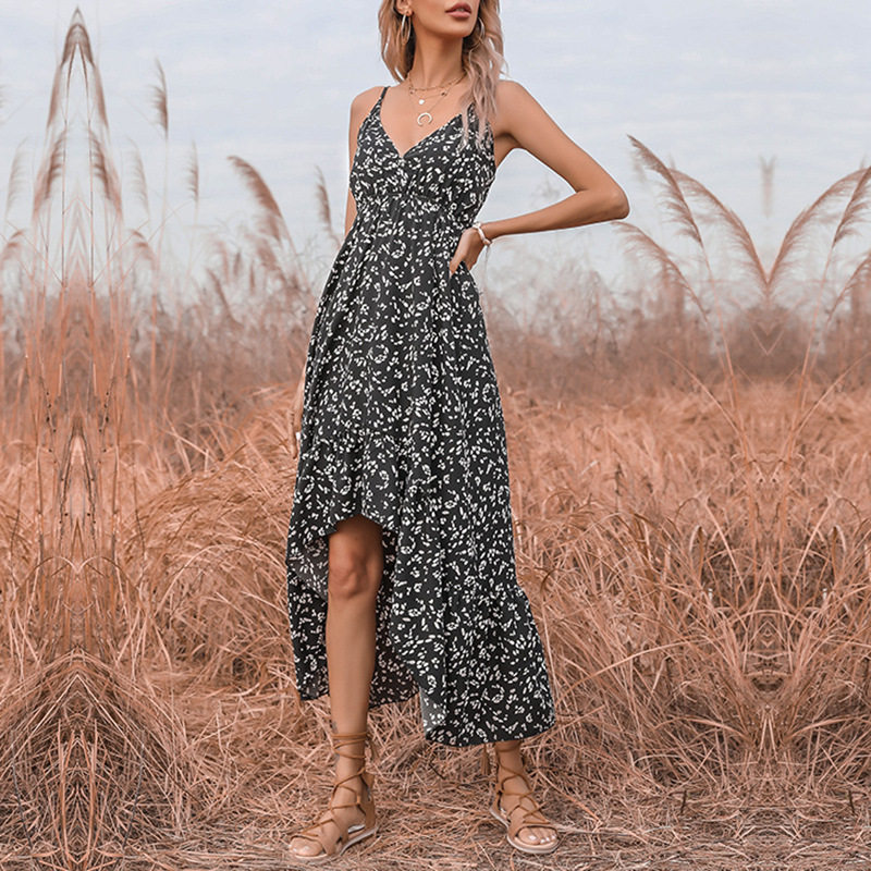 Summer Womens Irregular Hem Dress Sexy Floral Print V Neck Spaghetti Straps Casual Party Wear Wholesale Available