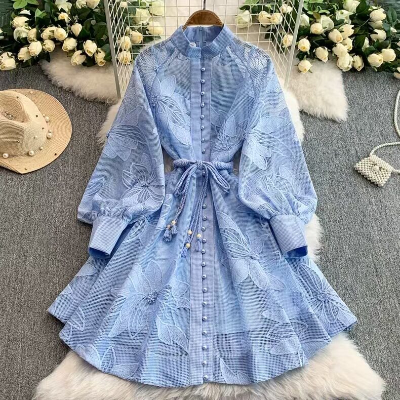 Elegant French Style Womens A Line Dress Lace Up Waist Hollow Embroidery Single Breasted Perfect for Formal