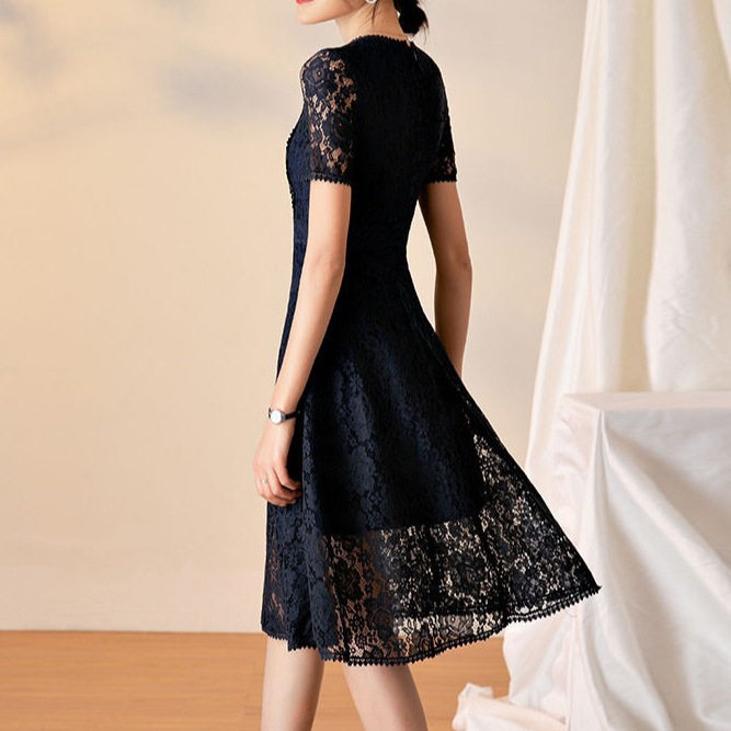 Lace Hollow Out Midi Dress Summer Collection Flattering A Line Silhouette Round Neck Comfortable Fabric Wholesale