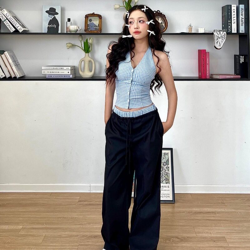 Vintage Plaid Halter Top and Loose Fit Trousers Set Sweet Style Casual Summer Wear Available in Multiple Sizes