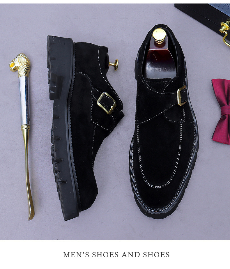 Giày loafer nam da bò lộn mũi tròn khóa cổ điển đế dày tăng chiều cao — đen, màu nâu mocha