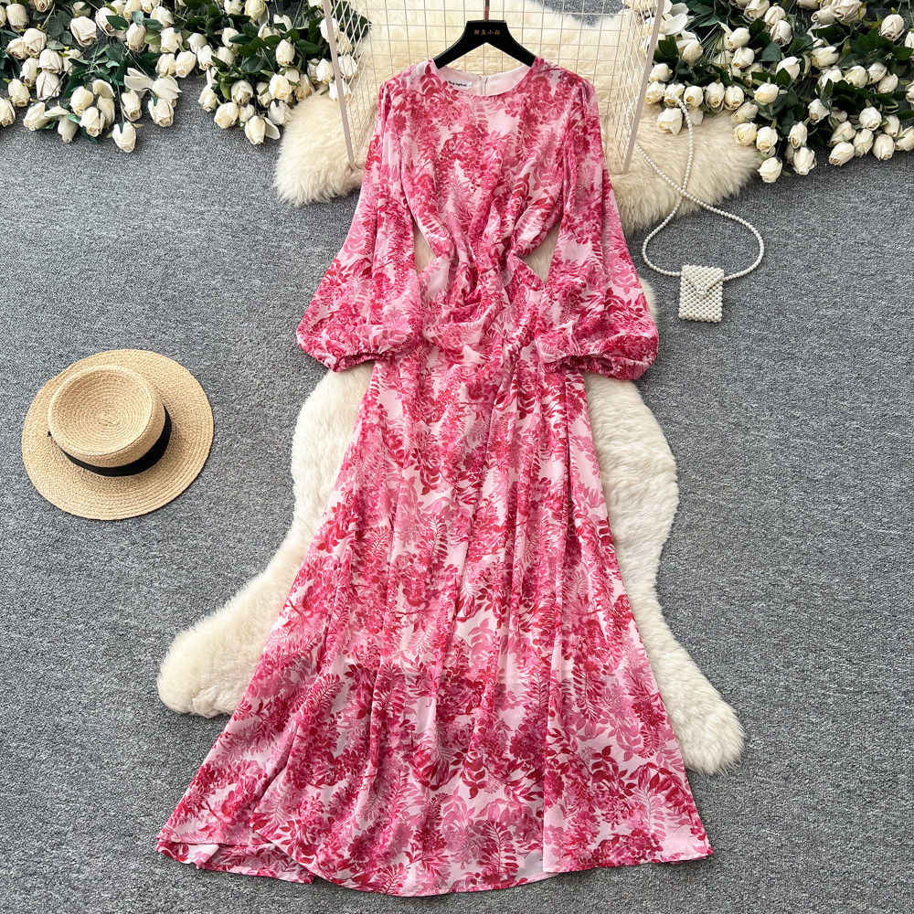 French Vacation Style Floral Maxi Dress for Women Long Sleeve Waist Defined A Line Silhouette Spring and Autumn Wear