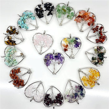 30mm Heart-Shaped Tree of Life Natural Crystal Agate Colorful Tree Money Tree Gravel Wire Pendant Environmentally Friendly Accessories