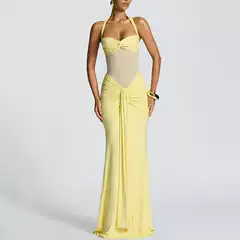 Amazon Cross-Border 2025 New Style Halter Neck Tie Mesh Splicing Long Dress with Ribbons, European and American Style Dress