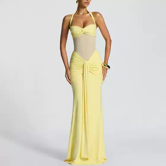 Amazon Cross-Border 2025 New Style Halter Neck Tie Mesh Splicing Long Dress with Ribbons, European and American Style Dress