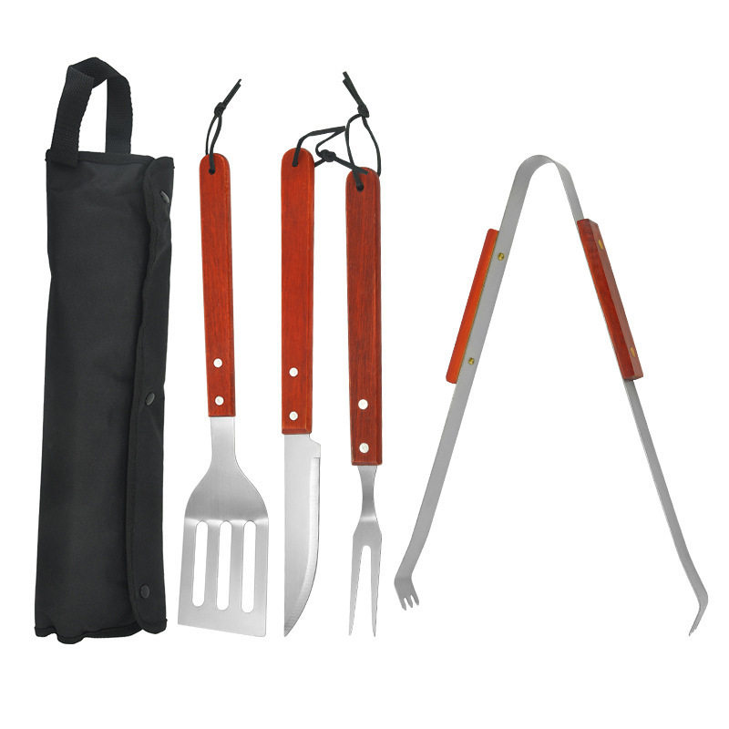 Spot Direct Sales Wooden Handle Bbq Barbecue Set Barbecue Clip Fork Shovel Knife Apron Oxford Bag Grill Five-Piece Set