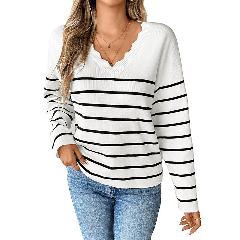 Striped Sweater Korean Style V Neck Long Sleeve Casual Design Perfect for Fall Winter Wholesale Available
