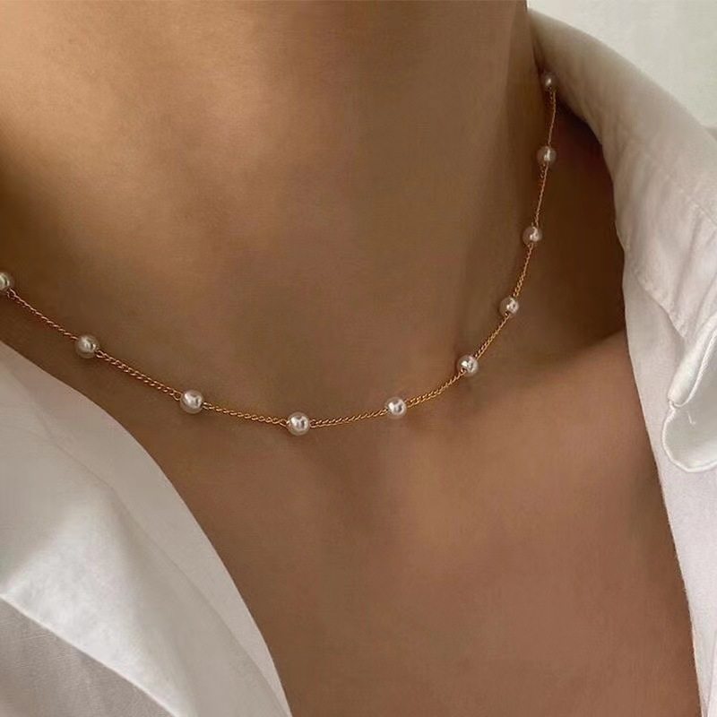 European and American Cross-Border Jewelry New 4mm Pearl Sweater Chain Fashion Clavicle Chain Ins Simple Style Pearl Necklace in Stock