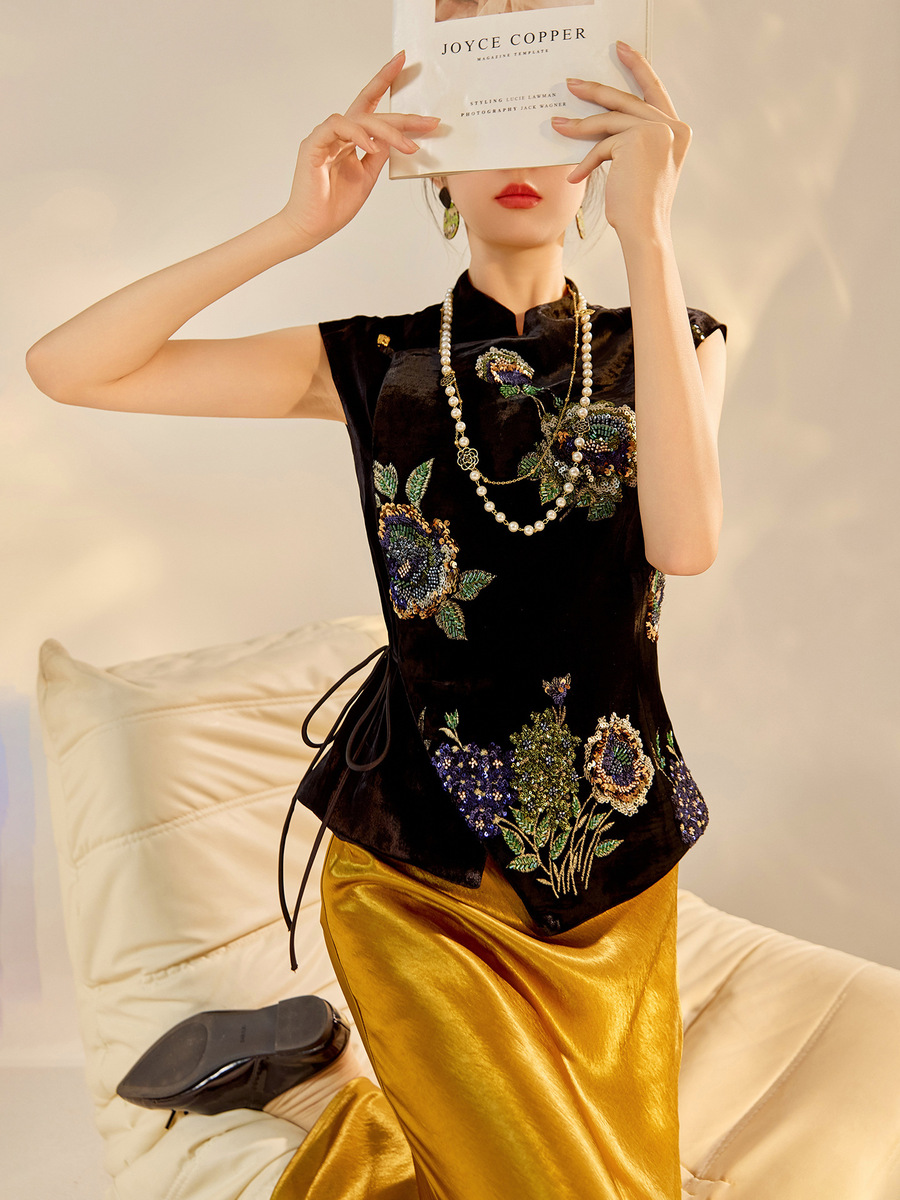 Áo vest nữ dáng gile thêu sequin chất liệu tơ tằm phối polyester — Áo Vest Vàng Đen (Giao Hàng Ngay), Áo Vest Vàng Đen (Giao Hàng Trong 7 Ngày)