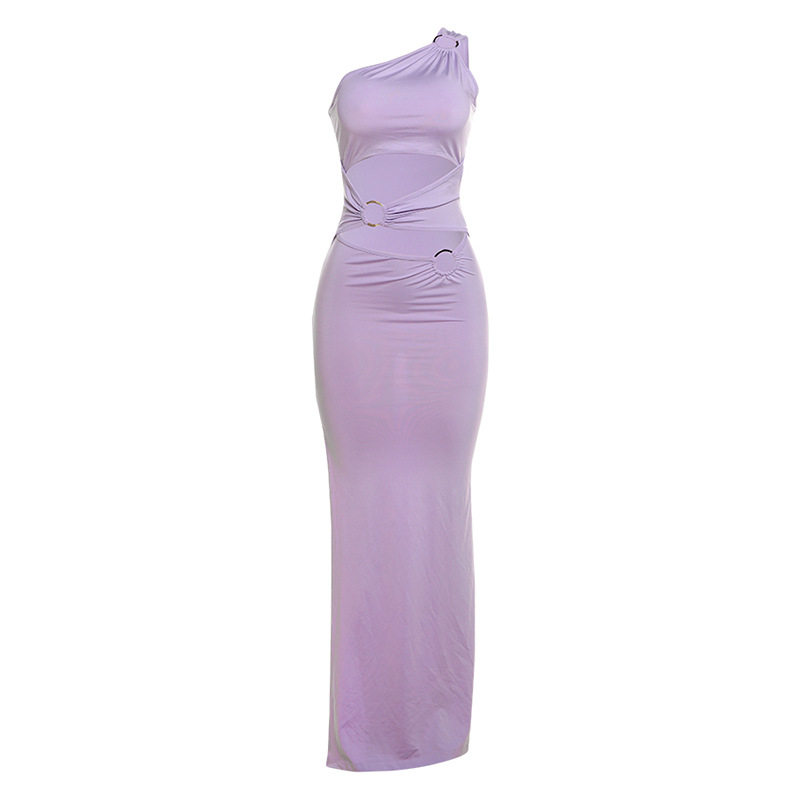 Asymmetrical Shoulder Bodycon Dress Stylish Color Block Design Sexy Split Hem Perfect for Autumn Events Wholesale