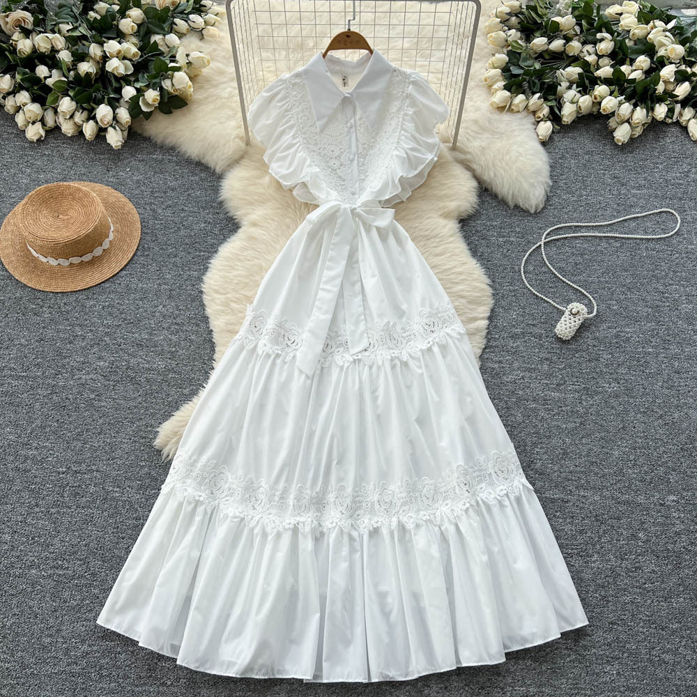 Elegant Vintage Lace Panel Waist Defined Short Sleeve Dress for Women Flowy Maxi Style Available in Red White Green Wholesale