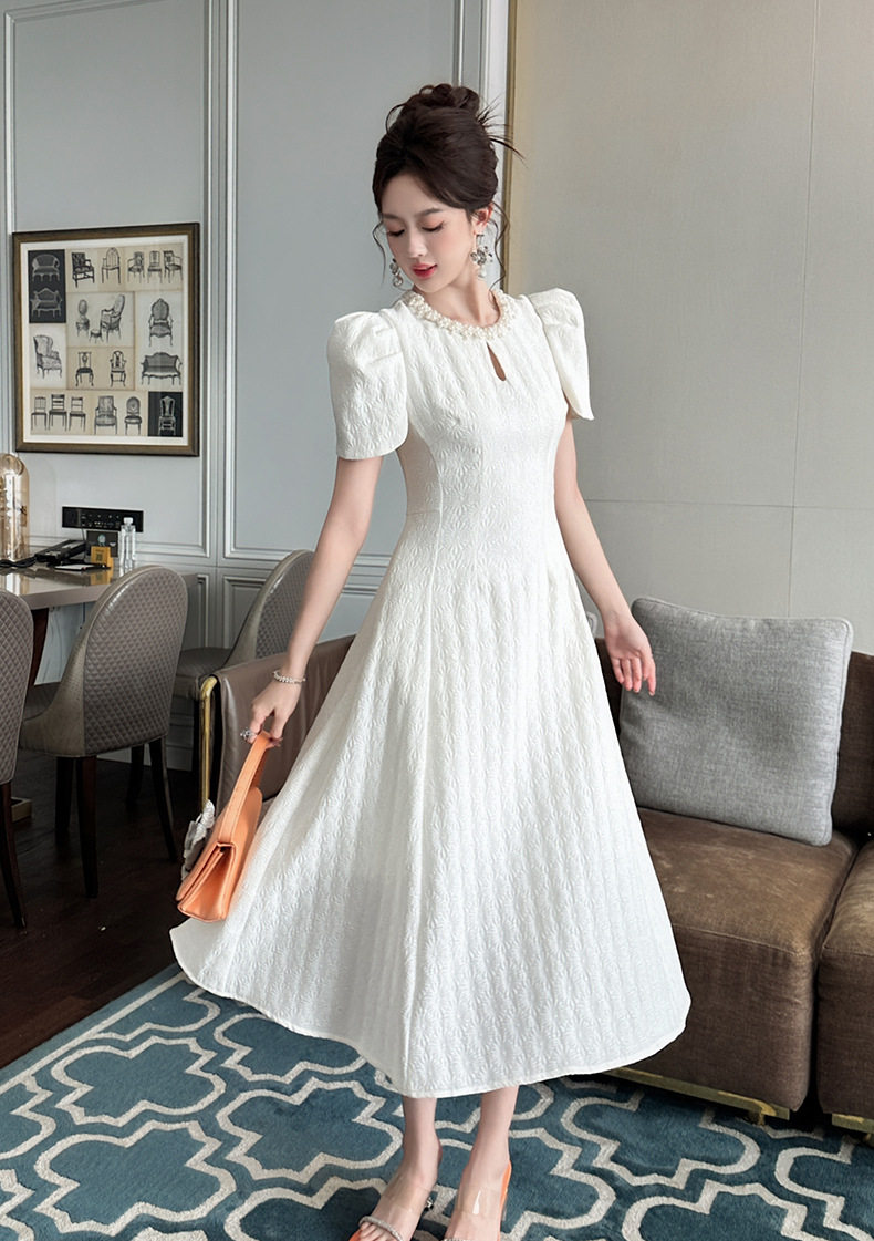 Đầm maxi nữ cổ tròn tay ngắn eo cao chân váy xòe rộng — [Trắng kem] chi tiết 5