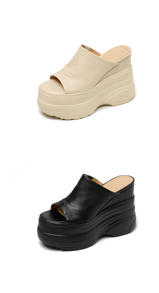 Dép sandal nữ đế xuồng cao gót 13cm da cừu mềm nhẹ — màu đen, Màu trắng ngà