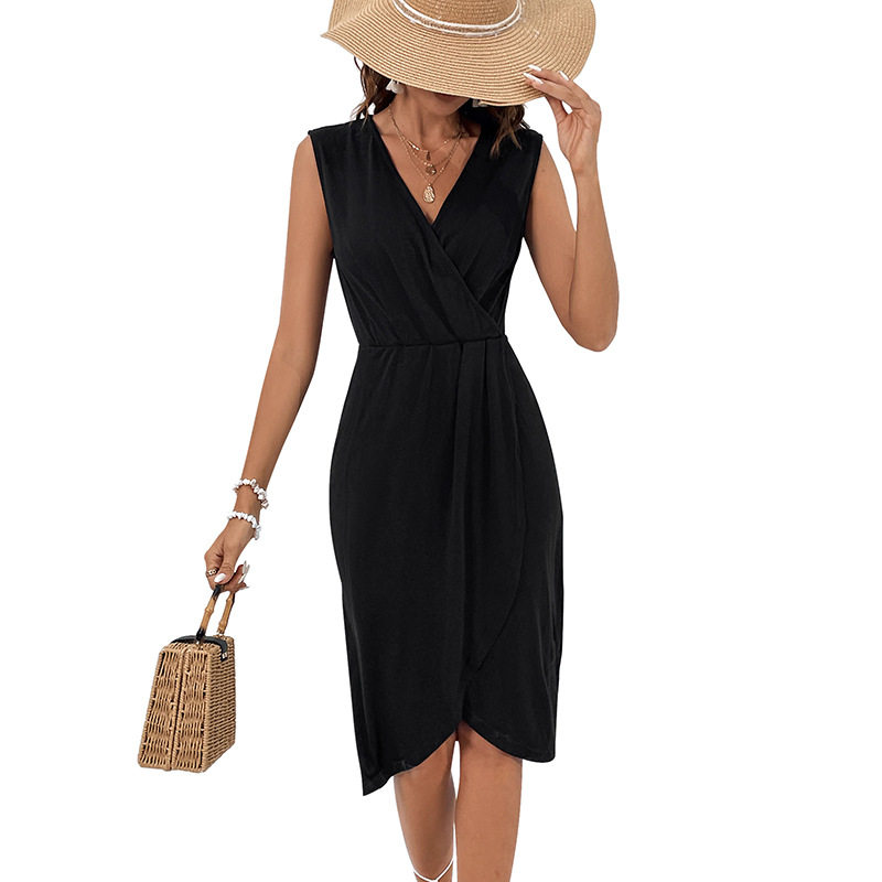 Elegant Black Sleeveless V Neck Split Maxi Dress New Arrival European and American Style Perfect for Vacations