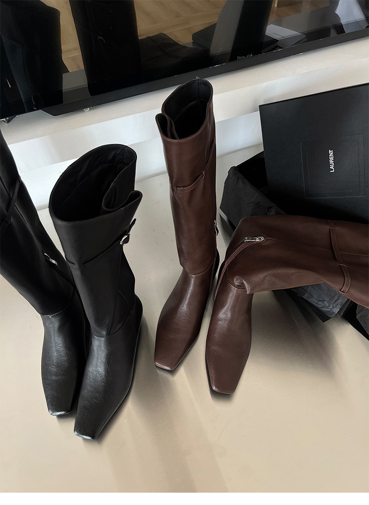 Boot nữ cổ cao mũi vuông gót xuồng da bò khóa kéo bên hông — Lớp lót đơn màu đen, Lớp lót đơn màu nâu, Lót nhung đen, cần đặt làm riêng., Lót nhung màu nâu, cần đặt làm riêng.
