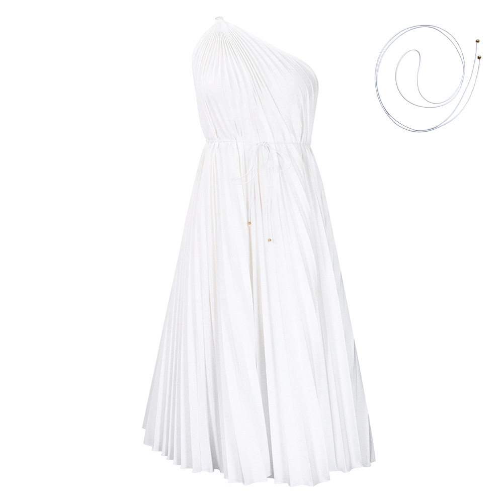 Plus Size Womens Dress Summer Collection Asymmetrical Shoulder Pleated Design Solid Color Elegant Style