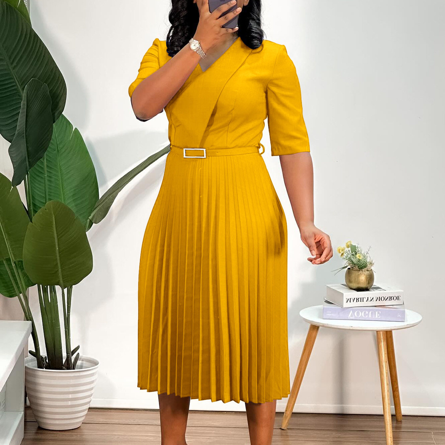 V Neck Pleated Dress Solid Color Fashionable Elegant Perfect for African Occasions Wholesale Available