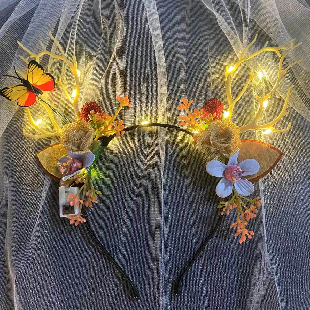 跨境热卖14灯毛毛兔耳朵发光发箍地推金丝羽毛猫耳朵发光头箍玩具