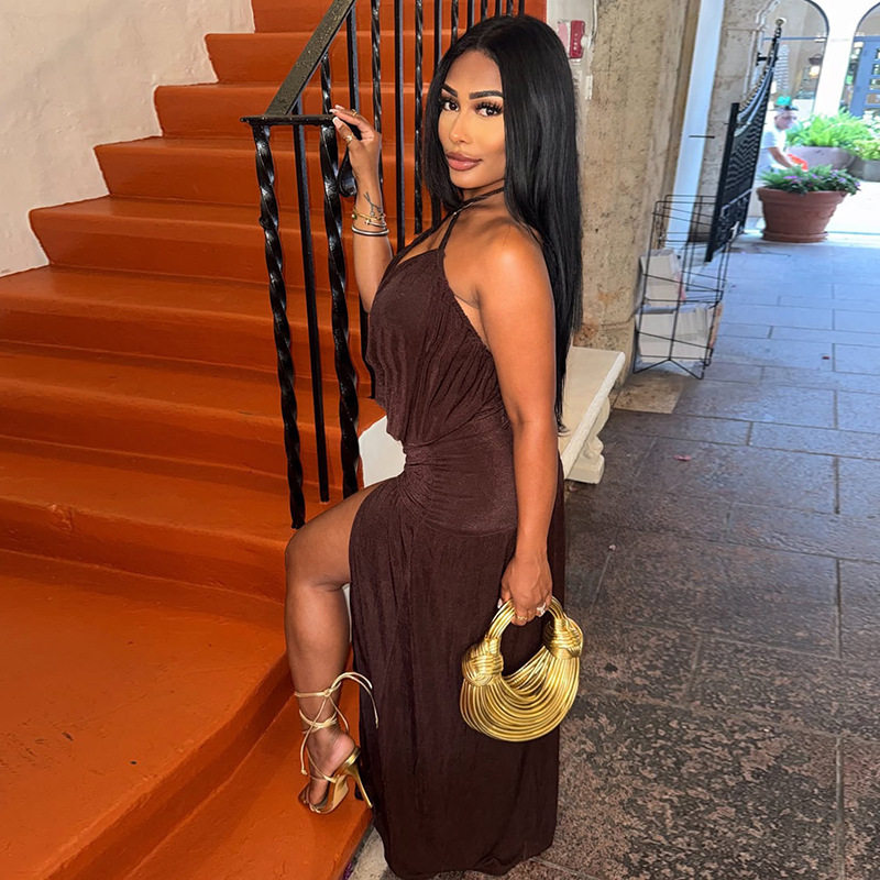 Chic Womens Dress Solid Color Asymmetrical Hem Deep V Neck Halter Neck Bodycon Style Perfect for Parties or