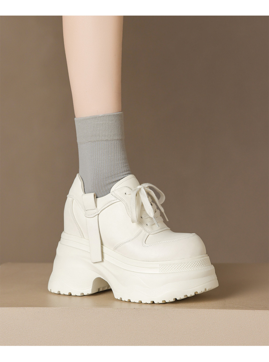 Giày sneaker nữ da bò thật đế dày tăng chiều cao 12cm dáng dad shoes buộc dây — Màu đen, Màu trắng
