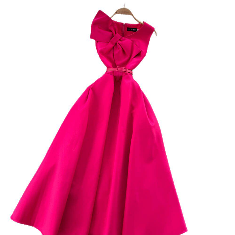 Elegant Womens Dress French Style 3D Bow V Neck Sleeveless Waist Defining Perfect for Formal Occasions