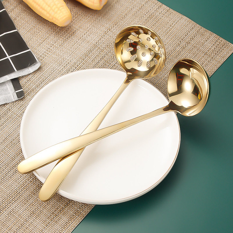 Stainless steel hot pot spoon colander thickened golden long handle soup shell household hot pot cooking kitchenware soup spoon colander wholesale