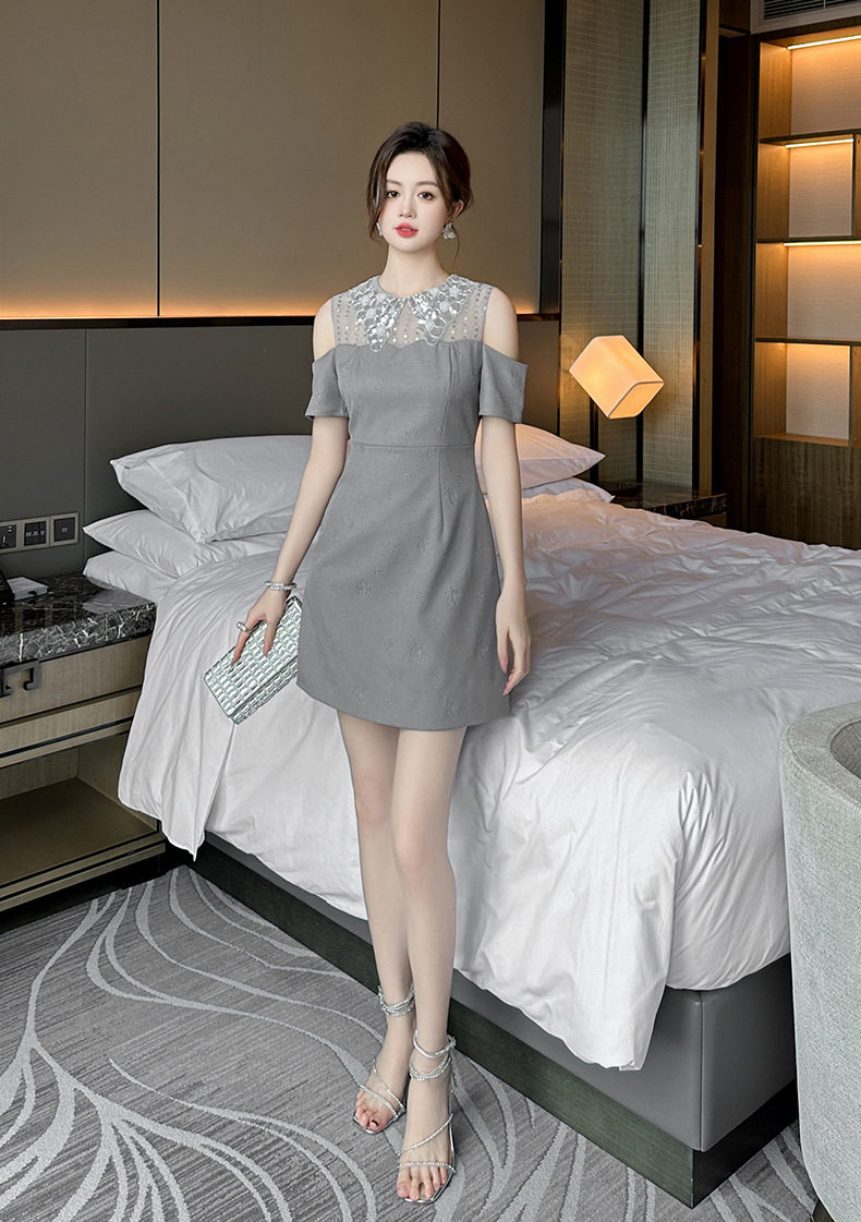 Đầm ôm body nữ cổ búp bê phong cách Pháp tay ngắn — [Xám] chi tiết 11