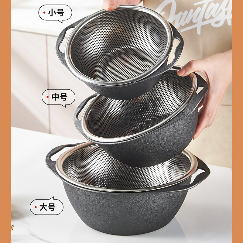 Stainless steel double-layer vegetable washing basin draining basket kitchen washing fruit filter basket drenching water leakage artifact vegetable washing basket rice washing