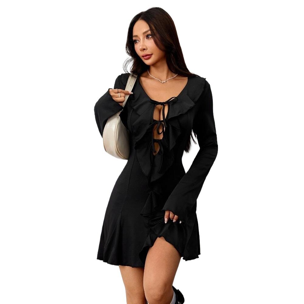 Womens Sexy Tie Front Semi Open Cardigan Dress Ruffled Hem Slim Fit Short Length Spring Summer Fashion Wholesale