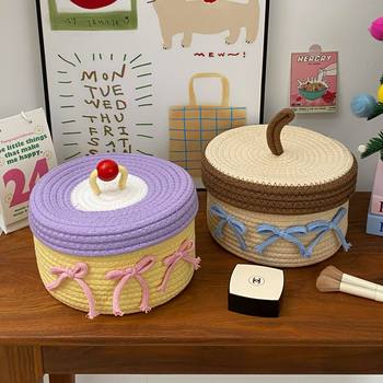 New Covered Sundries Storage Basket Desktop Storage Box Ins Hand-Woven Storage Basket Cotton Rope Bedroom Basket Round