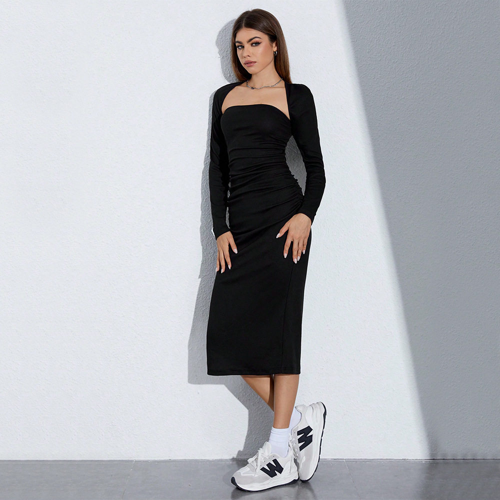Two Piece Dress Set Sexy Strapless Long Sleeve Mid Length Side Slit Autumn Winter Fashion for Women Wholesale