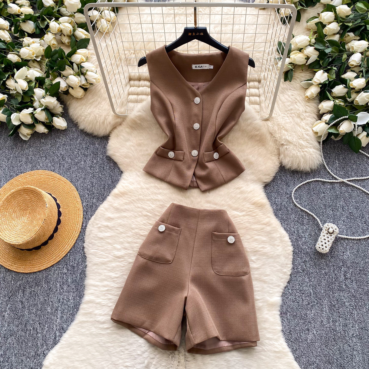Pink Tweed Vest and High Waisted Shorts Set Rhinestone Embellished Elegant Style Summer Fashion for Women Wholesale