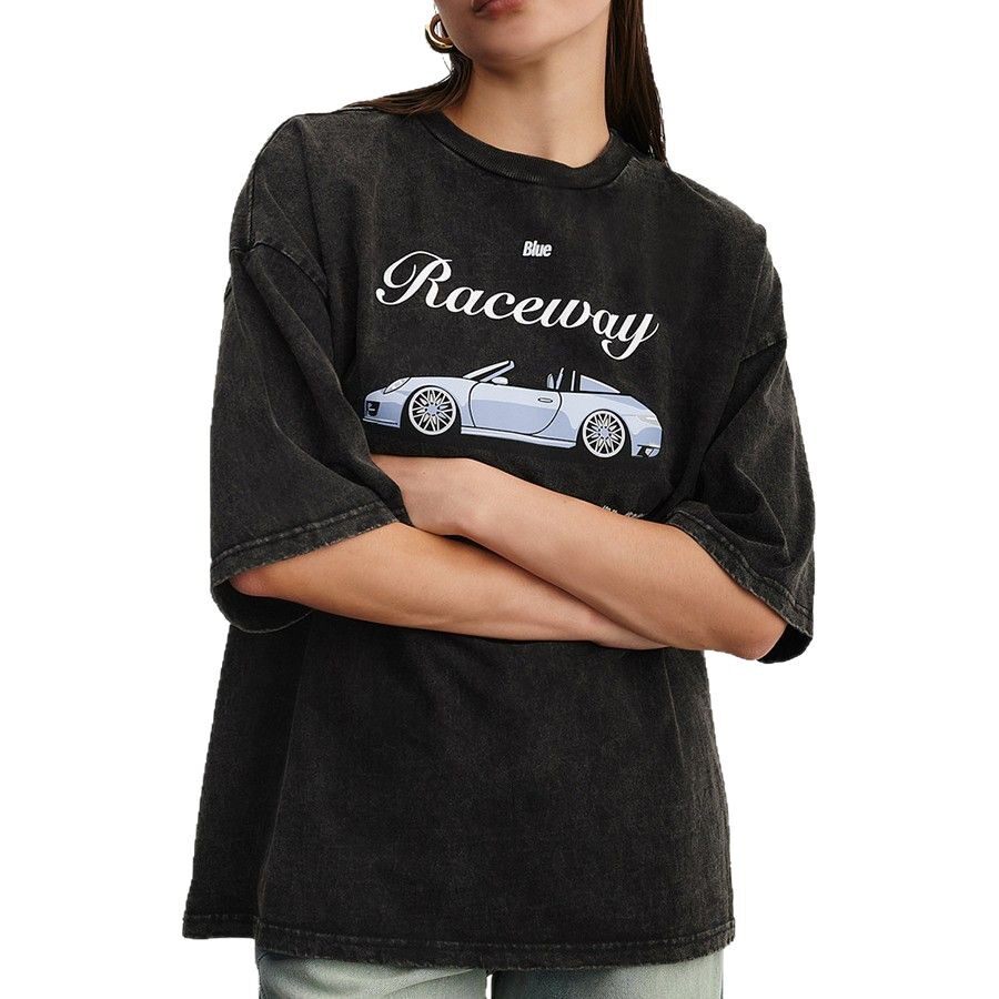 Loose Fit European Style Car Print Short Sleeve T Shirt for Women Summer Wash Effect Vintage Design Casual Top