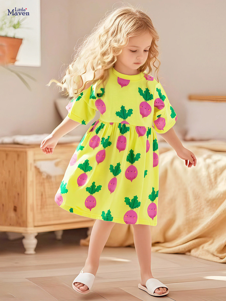 Girls' Summer Cotton Short-Sleeve Dress, Cute Radish Print Kids' Dress