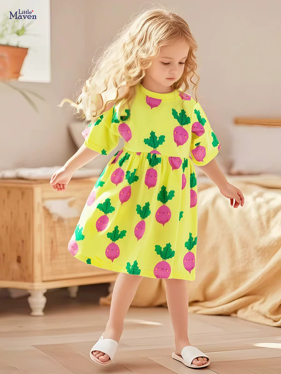 Girls' Summer Cotton Short-Sleeve Dress, Cute Radish Print Kids' Dress