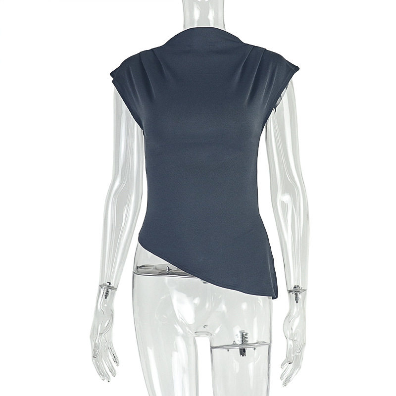 Asymmetrical High Neck Short Sleeve T Shirt Slim Fit Solid Color Summer Fashion Casual Wear for Women OEM Available