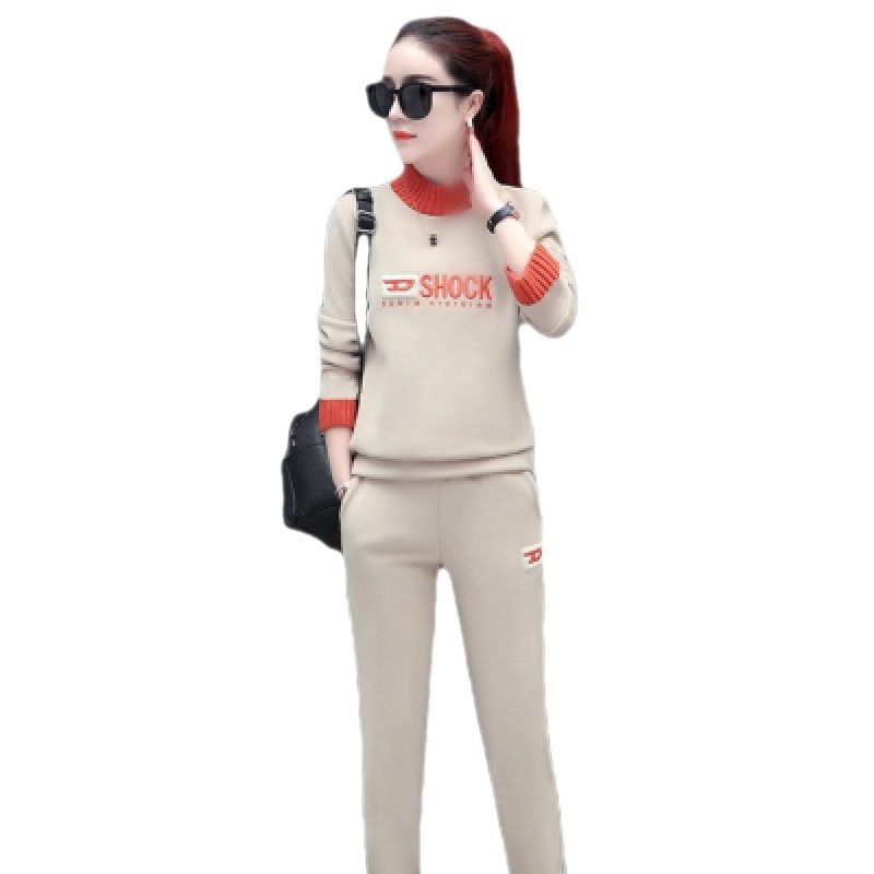 Fleece-lined Thickened Casual Sports Suit Women's Winter Clothing New Printed Sweater Warm Pants Slimming Two-piece Set Trendy