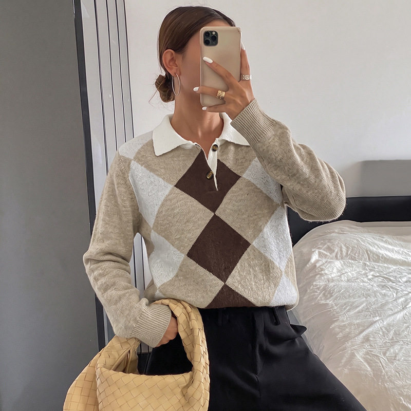 Long Sleeve Sweater Diamond Jacquard Soft and Sweet Style Lapel Collar Perfect for Fall Winter Wholesale Available