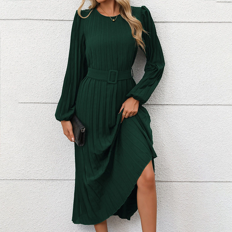 Elegant Vintage Long Sleeve Pleated Dress Solid Color Office Wear Autumn Style Wholesale Available