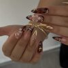 Wearable Nail Art for Autumn and Winter: Popular Handmade Gilded 3D Carved French Dark Coffee Leopard Print with Rhinestones Fake Nail Tips