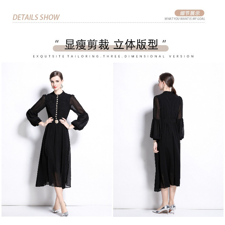 Elegant French Style Chiffon Dress Spring Collection Metallic Button Waist Defining Lantern Sleeves Perfect for