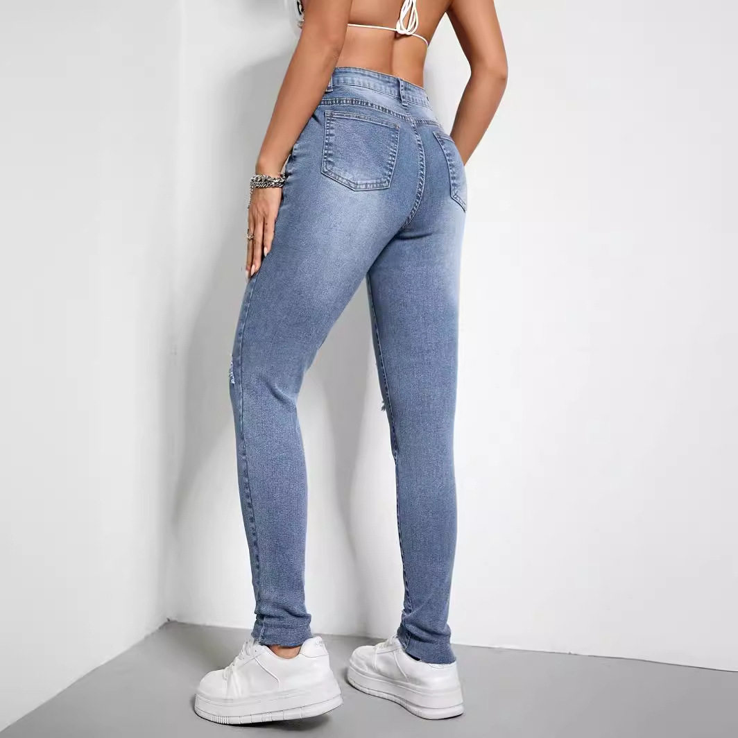 Skinny Fit Ripped Denim Jeans Stretch Fabric Casual Style Womens Fashion Wholesale Available