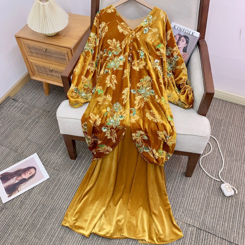 Đầm maxi nữ cổ chữ V thêu đính cườm chất liệu nhung — hồ bơi xanh, Sữa trắng, Tỏa sáng màu đen