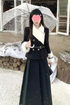Korean-Style Waist-Cinching Slant-Neck Woolen Jacket + Black Pleated Skirt Two-Piece Set