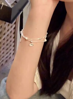 手链 925纯银双层叠戴银杏叶手链女款轻奢小众精致