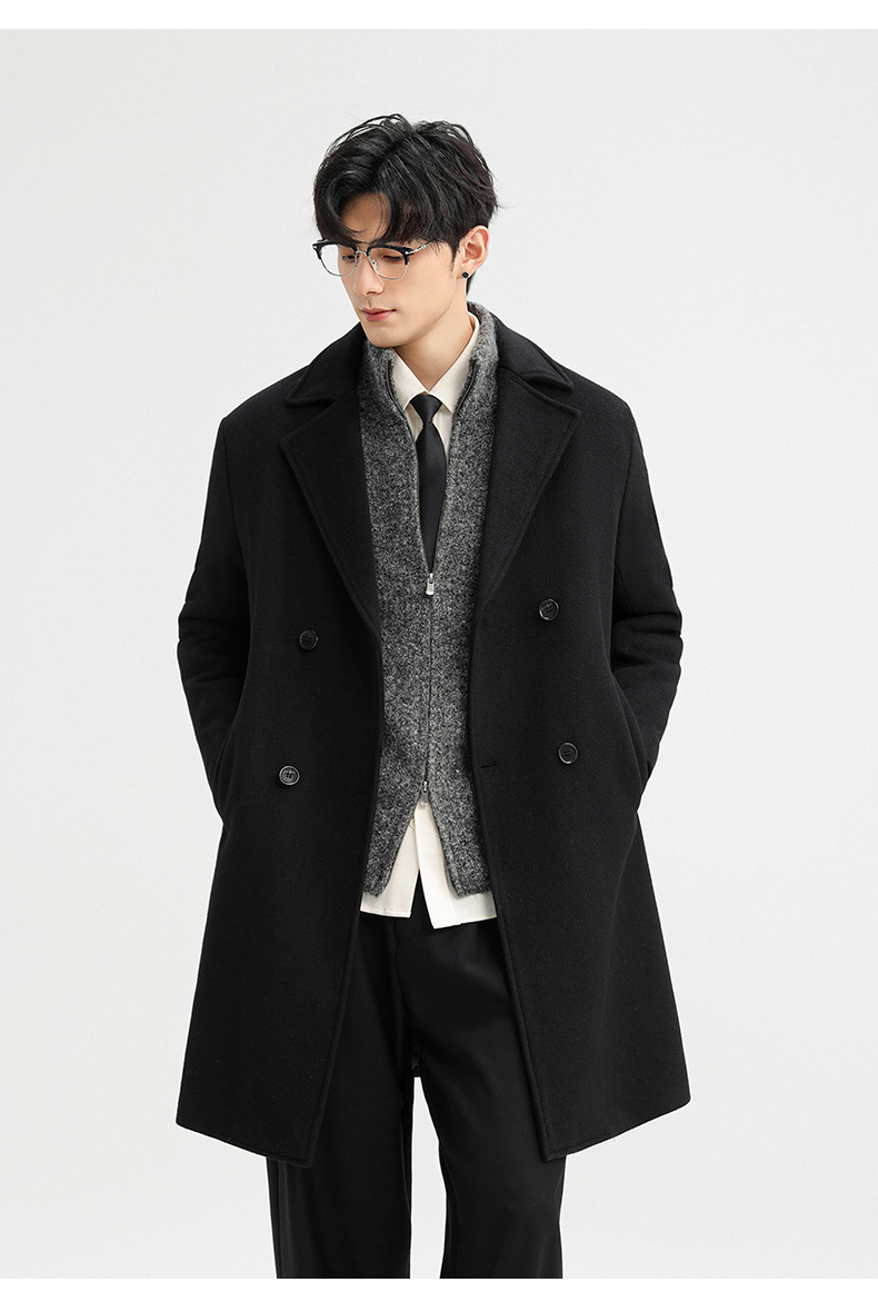 Áo khoác dạ len cashmere nam dáng dài hai hàng khuy mùa đông — Màu Xám (không bao gồm áo vest), Cà phê đậm (không bao gồm áo vest), Cà phê đậm (có áo VEST), Màu đen (có áo VEST)