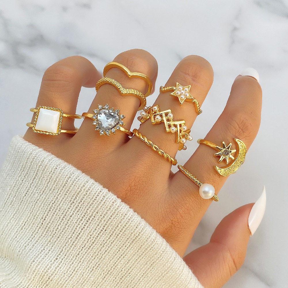 文艺复古百搭麦穗珍珠眼睛戒指23件套创意时尚几何型合金戒指套装