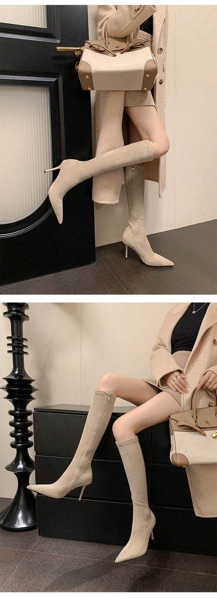 Boot nữ cổ cao qua gối gót nhọn cao 9cm chất liệu da lộn co giãn — Lớp lót đơn kaki ống ngắn, Lớp lót đơn màu đen ống ngắn, Lớp lót nhung đen ngắn, Lớp lót nhung kaki ngắn