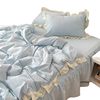 Solid Color Duvet Cover Blue Bed Sheet Three-Piece Set Lace Ins Soft Washed Cotton Four-Piece Set Ruffle Bedding Princess Style