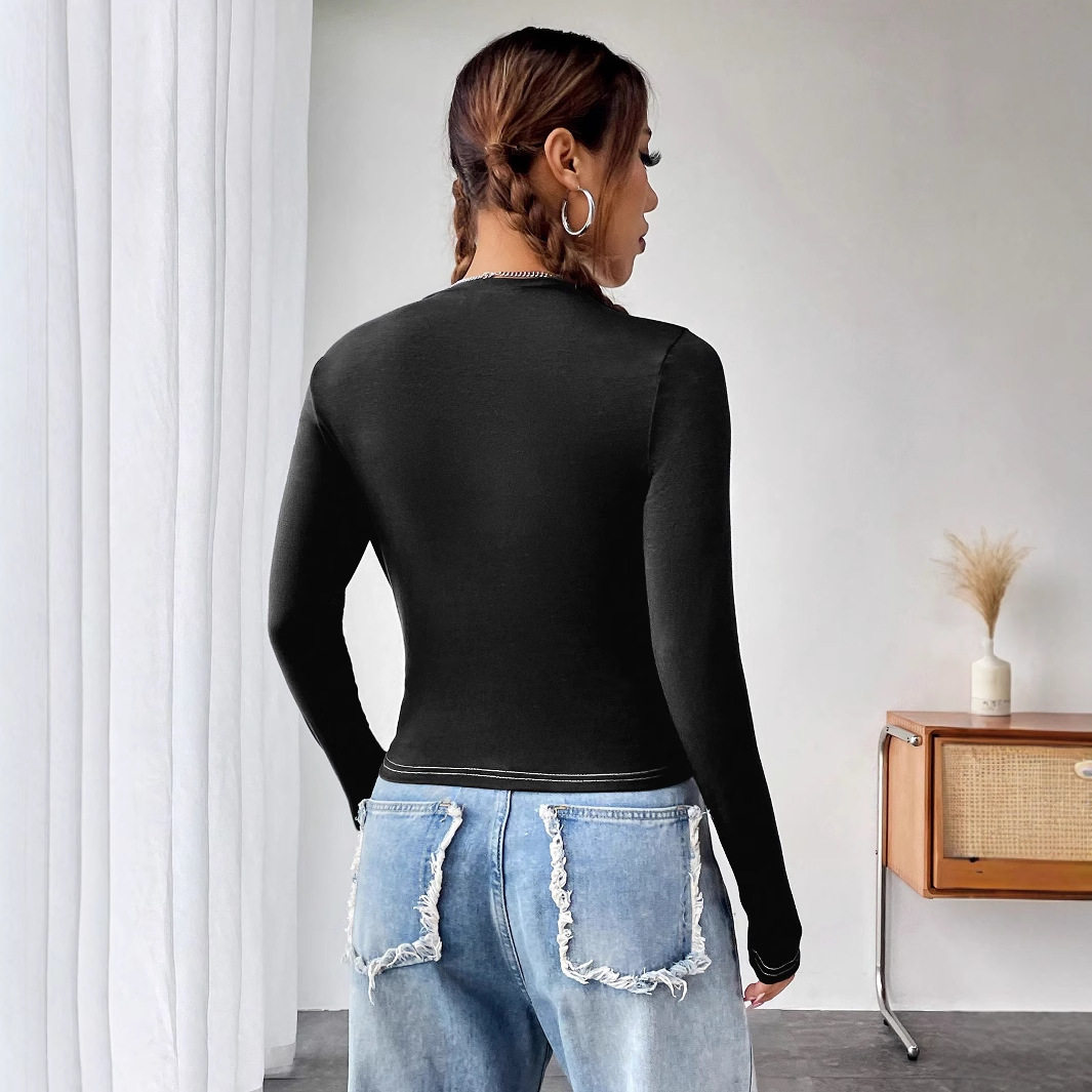 Fashionable Womens Long Sleeve T Shirt Round Neck Printed Design Casual Style Ready to Ship Low MOQ